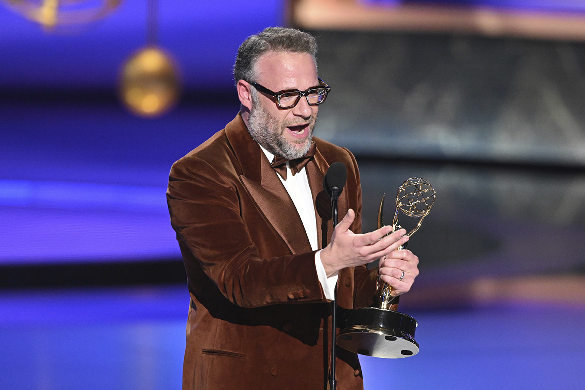 The Studio's Seth Rogen accepts the Emmy for Outstanding Lead Actor in a Comedy Series