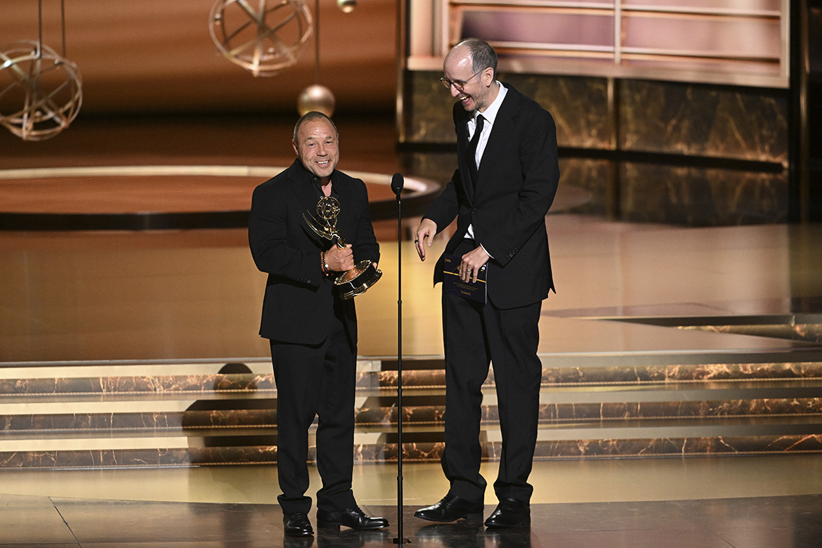 Adolescence's Stephen Graham and Jack Thorne accept the award for Outstanding Writing for a Limited or Anthology Series or Movie