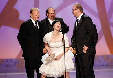 Actress Sarah Silverman (C) accepts the Outstanding Original Music And Lyrics award for Jimmy Kimmel Live song, I'm F-ing Matt D