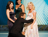 Actor Jeremy Piven (center) and hosts Tina Fey and Amy Poehler
