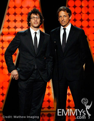 Andy Samberg (L) and Seth Meyers speak onstage during the 62nd Primetime Creative Arts Emmy Awards 