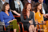Anjelica Huston, Debra Messing and Katharine McPhee onstage during the Smash panel at the 2012 Winter TCA Tour