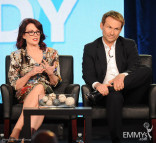 Megan Mullally and Christian Slater onstage during the Spring Comedy Panel during the 2012 Winter TCA Tour.
