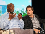 Michael Clarke Duncan and Geoff Stults onstage during The Finder panel during the 2012 Winter TCA Tour