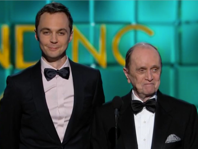 Jim Parsons &amp; Bob Newhart on stage at the 65th Primetime Emmy Awards