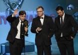 Rob Butler, Josh Earl and Alex Durham accept the award for Outstanding Picture Editing for Reality Programming for Deadliest Catch