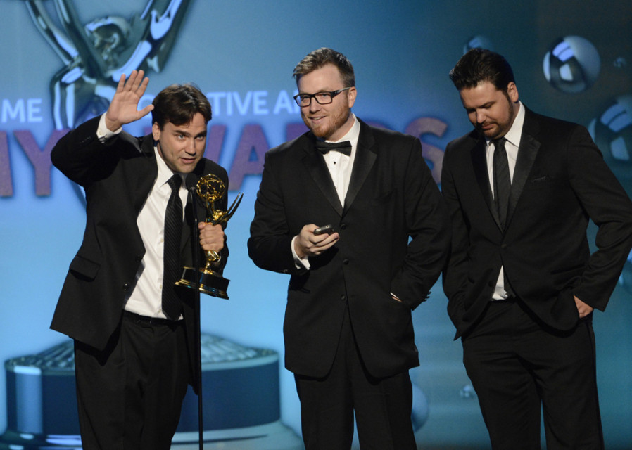 Rob Butler, Josh Earl and Alex Durham accept the award for Outstanding Picture Editing for Reality Programming for Deadliest Catch