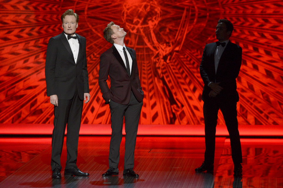 Conan O&#039;Brien, Neil Patrick Harris, and Jimmy Fallon on stage at the 65th Emmys