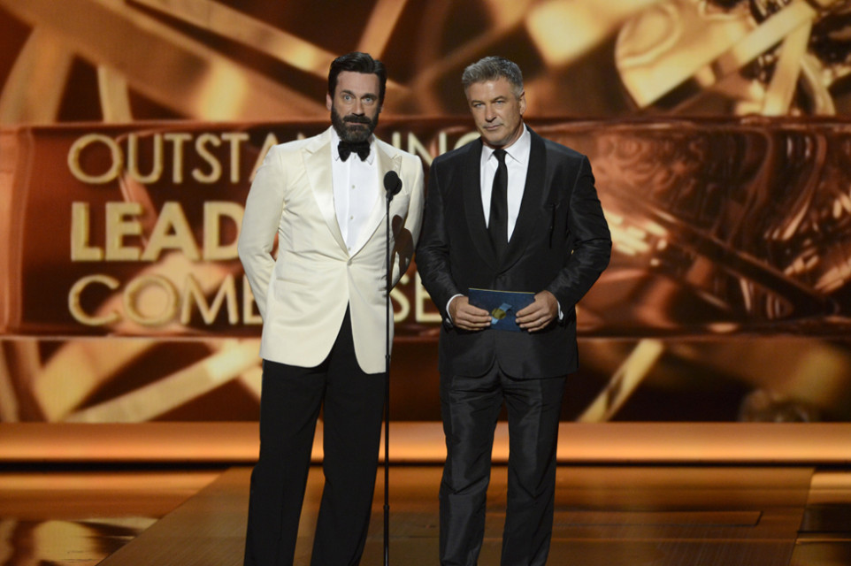 Jon Hamm and Alec Baldwin on stage at the 65th Emmys