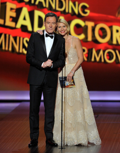 Bryan Cranston and Claire Danes on stage at the 65th Emmys