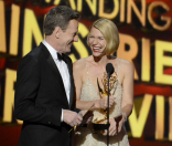 Bryan Cranston and Claire Danes on stage at the 65th Emmys