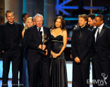 Producer Jerry Bruckheimer (center-right) with cast and crew of The Amazing Race