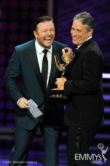Presenter Ricky Gervais and TV personality Jon Stewart