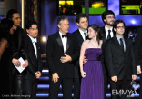 Presenter Johnny Galecki (L) and TV personality Jon Stewart