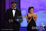 Actors L.L. Cool J (L) and Eva Longoria Parker speak onstage at the 62nd Annual Primetime Emmy Awards held at the Nokia Theatre