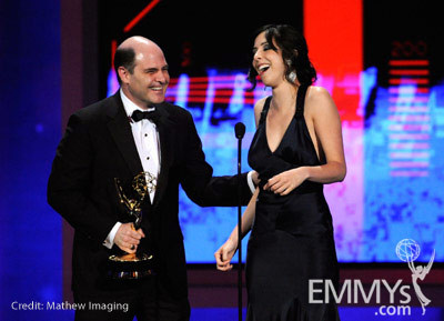 Writers Matthew Weiner (L) and Erin Levy speaks onstage at the 62nd Annual Primetime Emmy Awards held at the Nokia Theatre