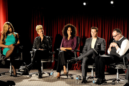 Panelists Laverne Cox, Christy Dees, Sherri Saum, Andrew Rannells and moderator Stephen Tropiano
