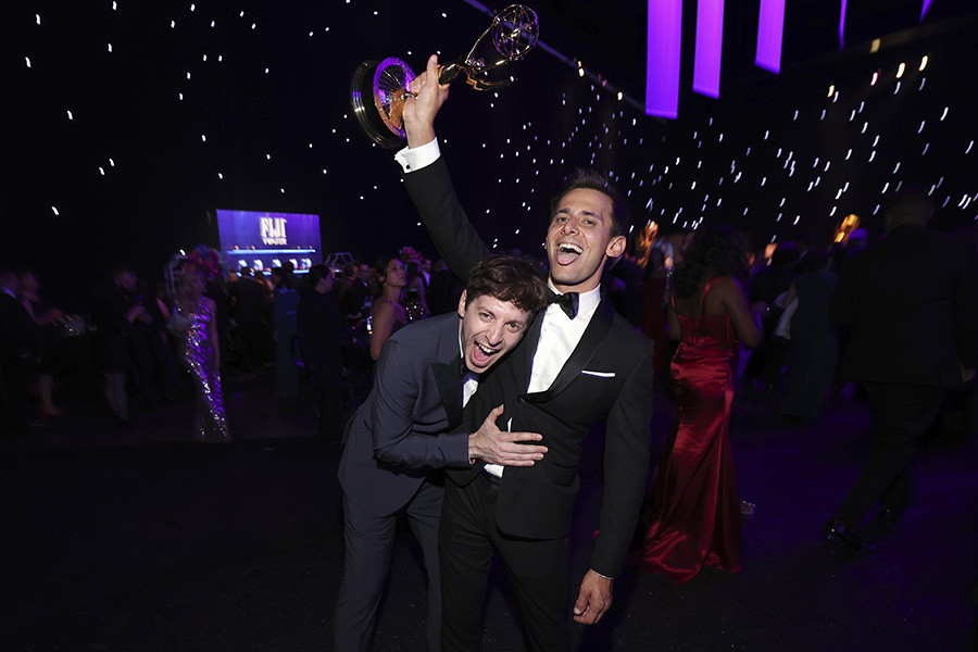 Alex Edelman and Benj Pasek, winner of the award for Outstanding Original Music and Lyrics for Only Murders in the Building at the 76th Creative Arts Emmy Awards Governors Gala
