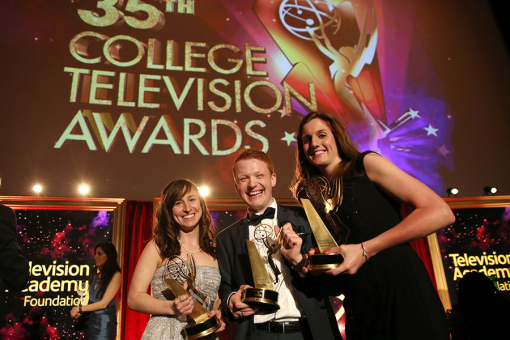 Jaime Sweet, Michael Busza, and Jen Parmer of Temple University accept the award in the Series category for “One of the Guys&quot; at the 35th College Television Awards