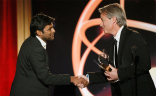 Graham Yost presents Shubhashish Bhutiani, left, of School of Visual Arts with the Directing Award for &quot;Kush&quot; at the 35th College Television Awards