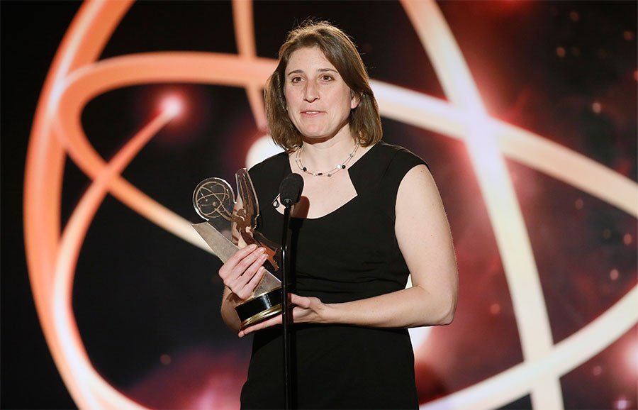 Deia Schlosberg of Montana State University accepts the award in the Documentary category for "Backyard" at the 35th College Television Awards
