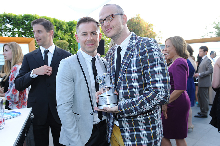 Writer Bradley Bredeweg and actor-producer-director Peter Paige celebrate their Television Academy Honors award for The Fosters at the seventh annual Honors ceremony in Beverly Hills, California.