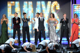 Allison Holker, Derek Hough, Sonya Tayeh, Napoleon Dumo, Neil Patrick Harris, Tabitha Dumo, Travis Wall, and Mandy Moore on stage at the 65th Emmys