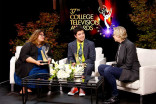 Raquel M. Sangalang and Justin Garcia chat with Jane Lynch at the 37th College Television Awards at the Skirball Cultural Center on Wednesday, May 25, 2016, in Los Angeles.