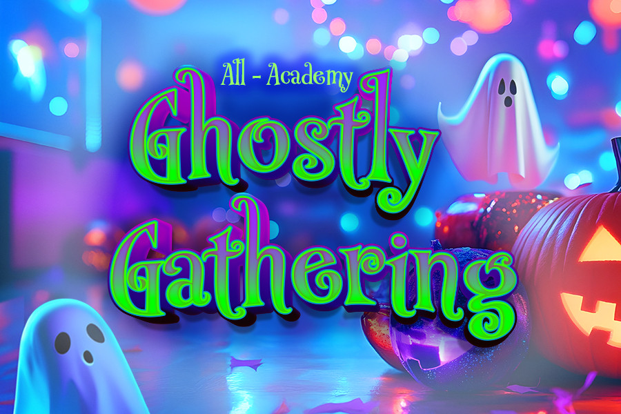 All Academy Ghostly Gathering poster with cartoon ghosts and pumpkins