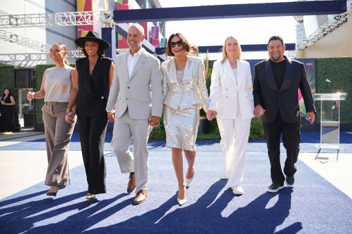 The official Blue Carpet for the 78th Emmy Awards is rolled out by (L- R) Emmy telecast producers Jeanae Rouzan-Clay, Dionne Harmon, and Jesse Collins, Emmy telecast host Mariska Hargitay, NBC EVP Live Events & Specials Jen Neal, and Television Academy Chairman Cris Abrego at the 78th Emmy Awards Press Preview
