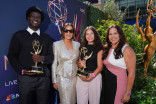 This year's Emmy Awards trophy presenters and Foundation Interns and Bob Bennett Fellows David Diouf, left, and Marissa Morales, third from left, Emmy telecast host Mariska Hargitay, and Television Academy Foundation Executive Director Anne Vasquez pose with Emmy Statuettes during the 78th Emmy Awards Press Preview