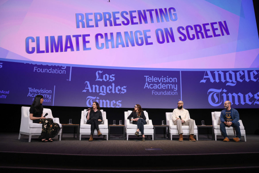 Host Rosanna Xia with panelists Anna Jane Joyner, Meredith Milton, Peter Saji and Scott Z. Burns 