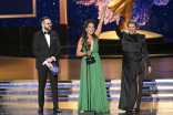 Brian Grego, Julie Berghoff and Claire Kaufman of The Studio accept the award for Production Design for a Narrative Contemporary Program at the 2025 Creative Arts Emmy Awards