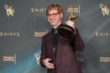 Tyler Strickland poses in the press room with the award for Outstanding Music Composition for a Documentary/Nonfiction or Reality Program (Original Dramatic Score) for John Candy: I Like Me during night one of the 78th Emmy Awards