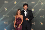Karina Muslimova, from left, and Kareem Rahma pose in the press room during night one of the 78th Emmy Awards