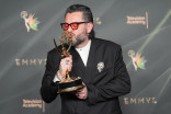 Miguel Gandelman in the press room with their Emmy for Outstanding Music Direction for The Apple Music Super Bowl LX Halftime Show Starring Bad Bunny during night one of the 78th Emmy Awards