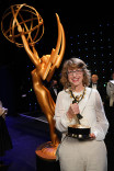 Michele Loud backstage at the Thank You Cam with their Emmy for Outstanding Game Show for Jeopardy! during night one of the 78th Emmy Awards