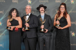 Denise Pizzini, from left, Chet Maxwell, Robert Aguirre, and Bethany Barton pose in the press room with their Emmys for Outstanding Production Design For A Variety Special for The Muppet Show during night one of the 78th Emmy Awards