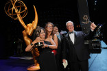Denise Pizzini, from left, Bethany Barton, Robert Aguirre and Chet Maxwell backstage at the Thank You Cam with their Emmy for Outstanding Production Design for a Variety Special for The Muppet Show during night one of the 78th Emmy Awards
