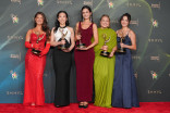 The team from Colbert Before Air poses in the press room with the award for Outstanding Short Form Comedy, Drama or Variety Series during night one of the 78th Emmy Awards