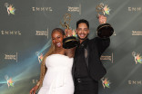 Suzette Boozer, from left, Henry Sanchez pose in the press room with their Emmys for Outstanding Hairstyling For A Variety, Nonfiction or Reality Program for RuPaul's Drag Race during night one of the 78th Emmy Awards