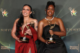 Karina Ortiz, left, and Charm La'Donna pose in the press room with their Emmys for Outstanding Choreography for Variety or Reality Programming for The Apple Music Super Bowl LX Halftime Show Starring Bad Bunny during night one of the 78th Emmy Awards