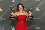 Mariska Hargitay poses in the press room with the Emmys for Outstanding Documentary or Nonfiction Special and Outstanding Directing for a Documentary/Nonfiction Program for My Mom Jayne: A Film By Mariska Hargitay during night one of the 78th Emmy Awards