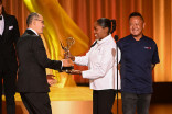 Nyesha Arrington and Jet Tila present Pablo Munguia with the Emmy for Outstanding Sound Mixing for a Variety Series or Special to The Apple Music Super Bowl LX Halftime Show Starring Bad Bunny during night one of the 78th Emmy Awards