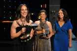 (From left) Nicole Daniels, Courtney Bright and Jennifer Brooks with their Emmy for Outstanding Casting for a Limited or Anthology Series or Movie for Love Story: John F. Kennedy Jr. & Carolyn Bessette are seen backstage during night two of the 78th Emmy Awards
