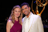 Julia Stiles and Ezra Sosa are seen backstage during night two of the 78th Emmy Awards
