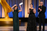 (From left) Cathy Sandrich Gelfond, Erica Berger, and Seth Caskey accept the Emmy for Outstanding Casting for a Drama Series for The Pitt during night two of the 78th Emmy Awards