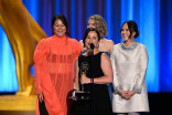 (From left) Kellie Ishisaki, Bailey Gardner, Olga Mill, and Sarah Basta accept the Emmy for Outstanding Contemporary Costumes for a Limited or Anthology Series or Movie for Beef during night two of the 78th Emmy Awards