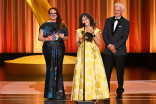 (From left) Ashley Michelle Marsh, Denise Pizzini, and Dins Danielsen accept the Emmy for Outstanding Production Design for a Narrative Contemporary Program (One Hour or More) for Pluribus during night two of the 78th Emmy Awards