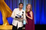 Ezra Sosa and Julia Stiles present the Emmy for Outstanding Sound Mixing for a Comedy or Drama Series (One Hour) to Pluribus during night two of the 78th Emmy Awards